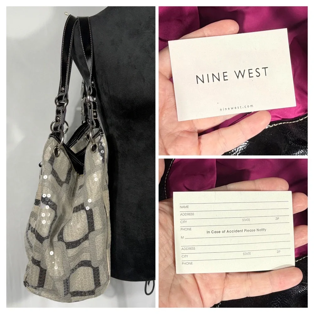 NWT Nine West Vegas Photo Sequin Tote Shoulder Hobo Bag Purse Gray Blk Vtg Y2K